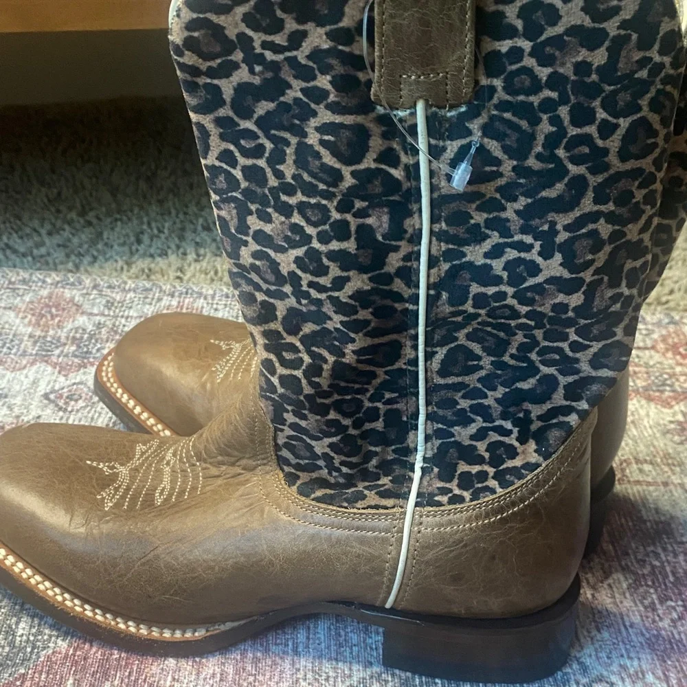 Roper Big Girl Cheetah Leather Cowgirl Cowboy Boot Square Toe